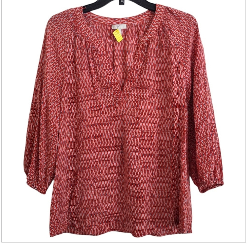 Joie Silk Orange Red Patterned Blouse - Lightweight V-Neck Top Size Small